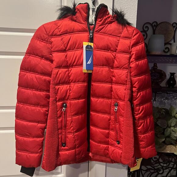 Nautica Red Quilted Puffer Jacket with Faux Fur Trim Hood - Picture 1 of 4